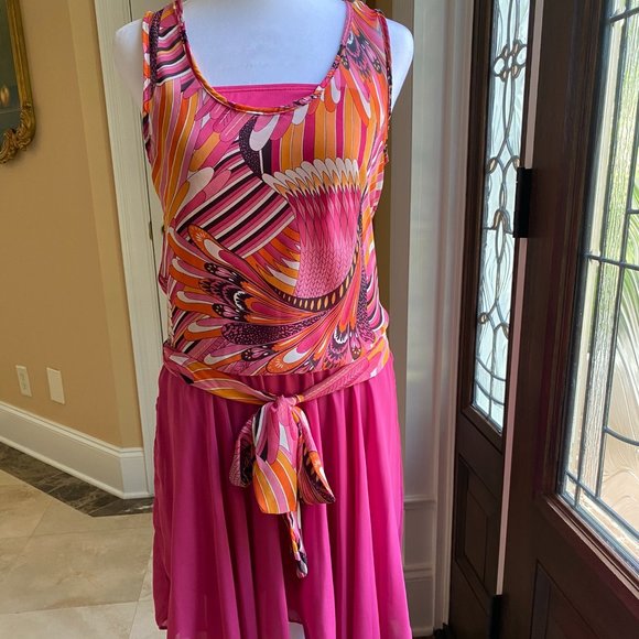 NWOT Women's Groovy Sleeveless Pink & Orange Boho Dress Hi-Lo Style Size Medium - Picture 2 of 7